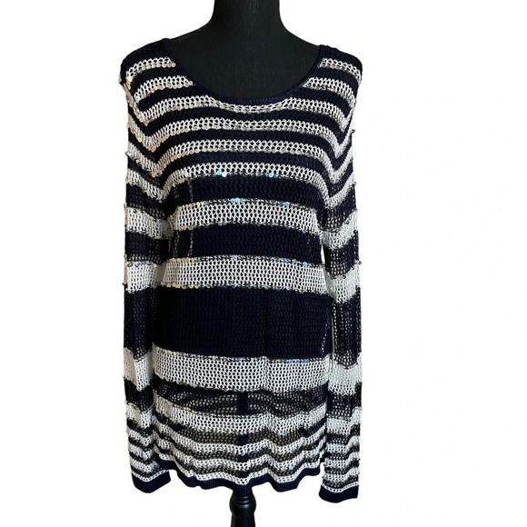 Chicos Navy and White Sweater with Silver Sequins Size 3 - Picture 1 of 13